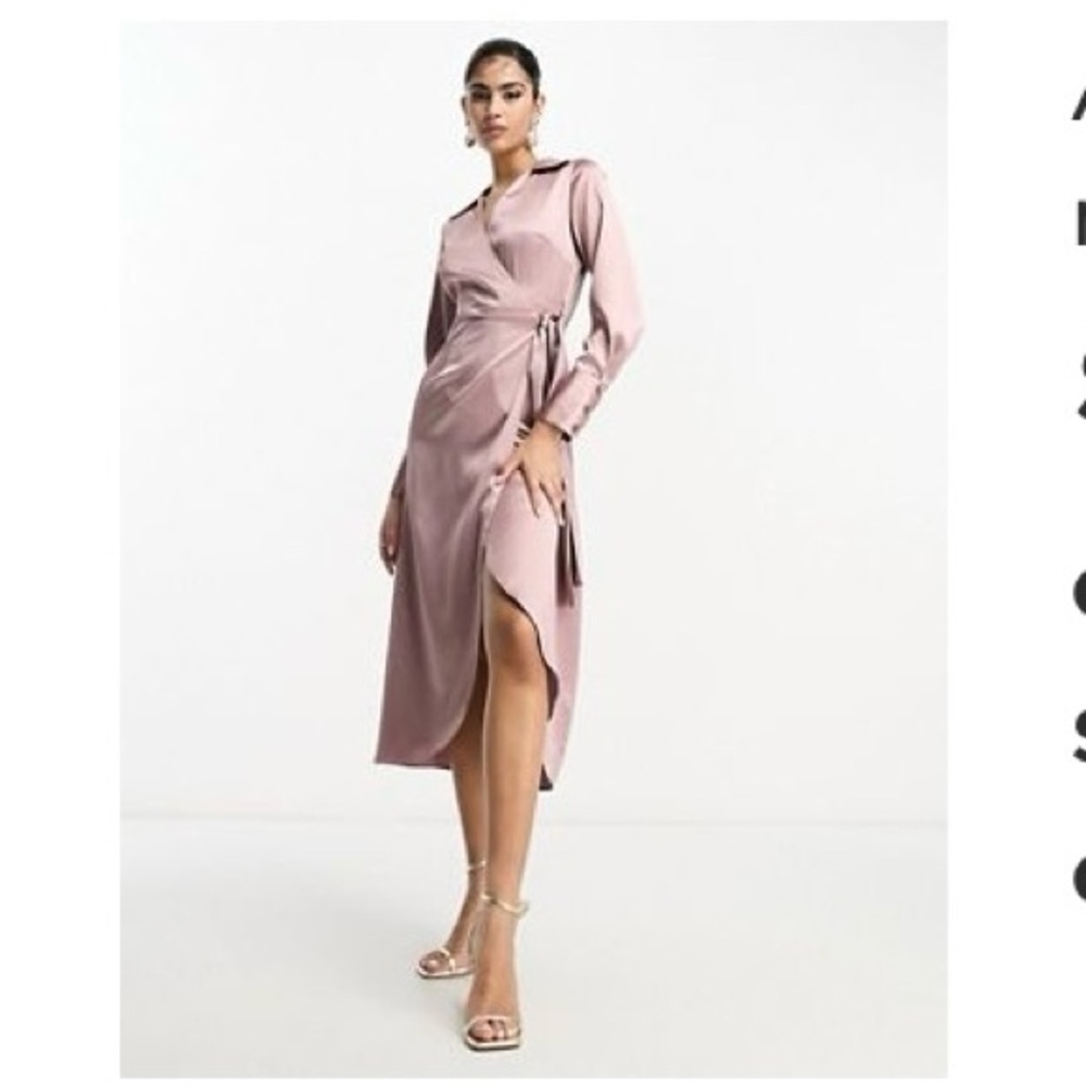 ASOS DESIGN Satin belted Wrap midi Dress in Dark Rose